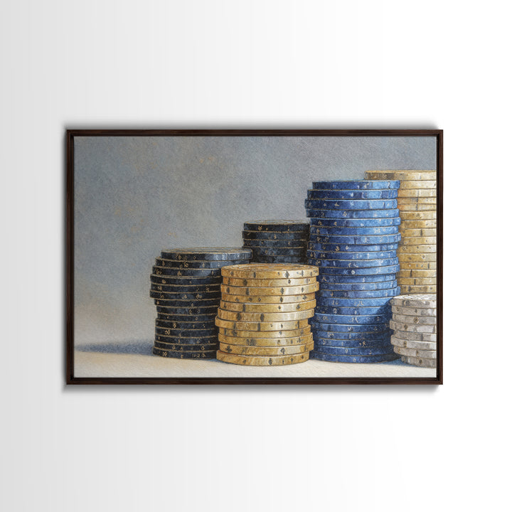 Poker Chips Stacked Like Casino Still Life Framed Canvas Print, Game Room Art, Art Print, Game Room Decor, Oil Painting, Play, GRA-3x2-59