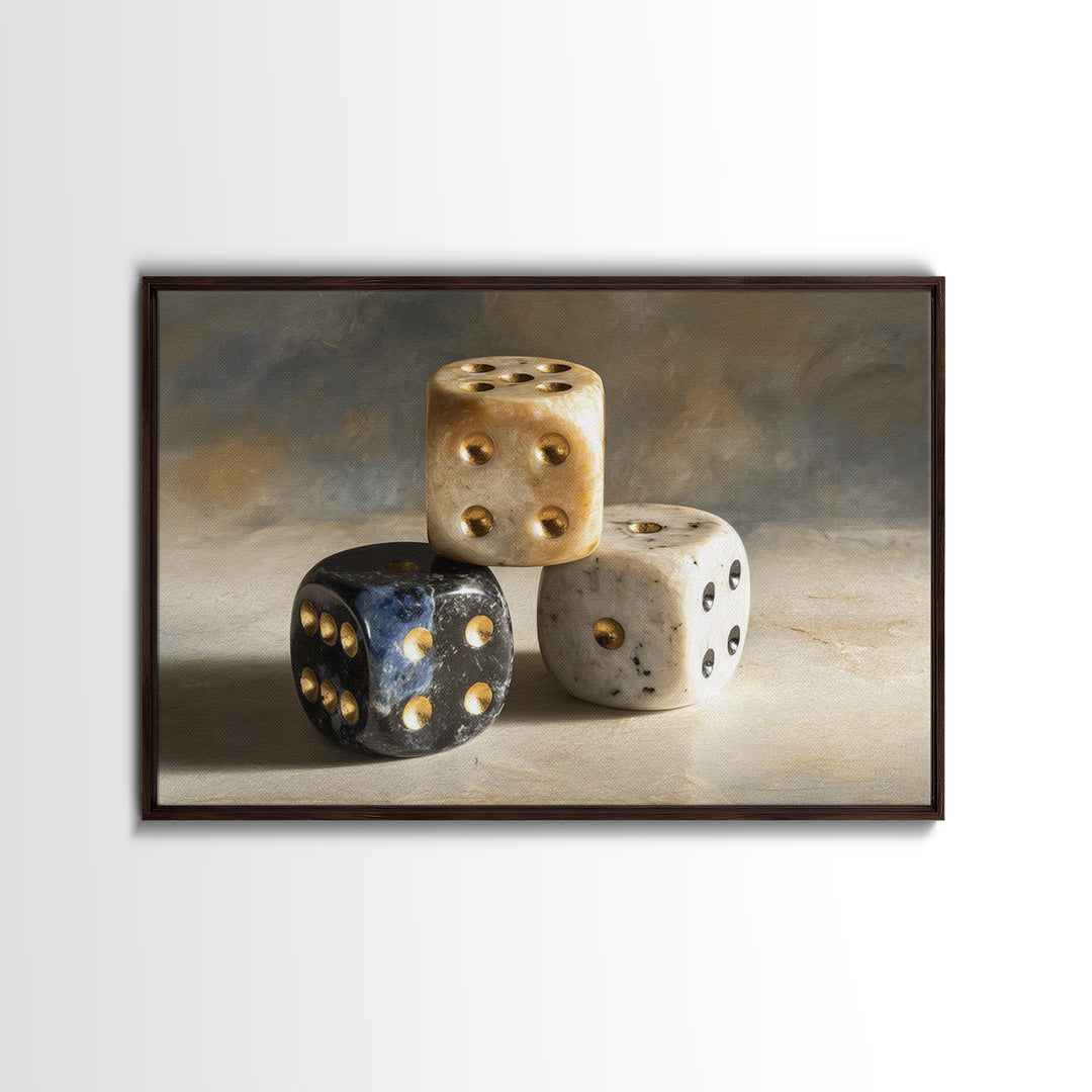 Tabletop Dice Rolling Through Dramatic Light Framed Canvas Print, Game Room Art, Unique Home Decor, Game Room Decor, Play, GRA-3x2-69