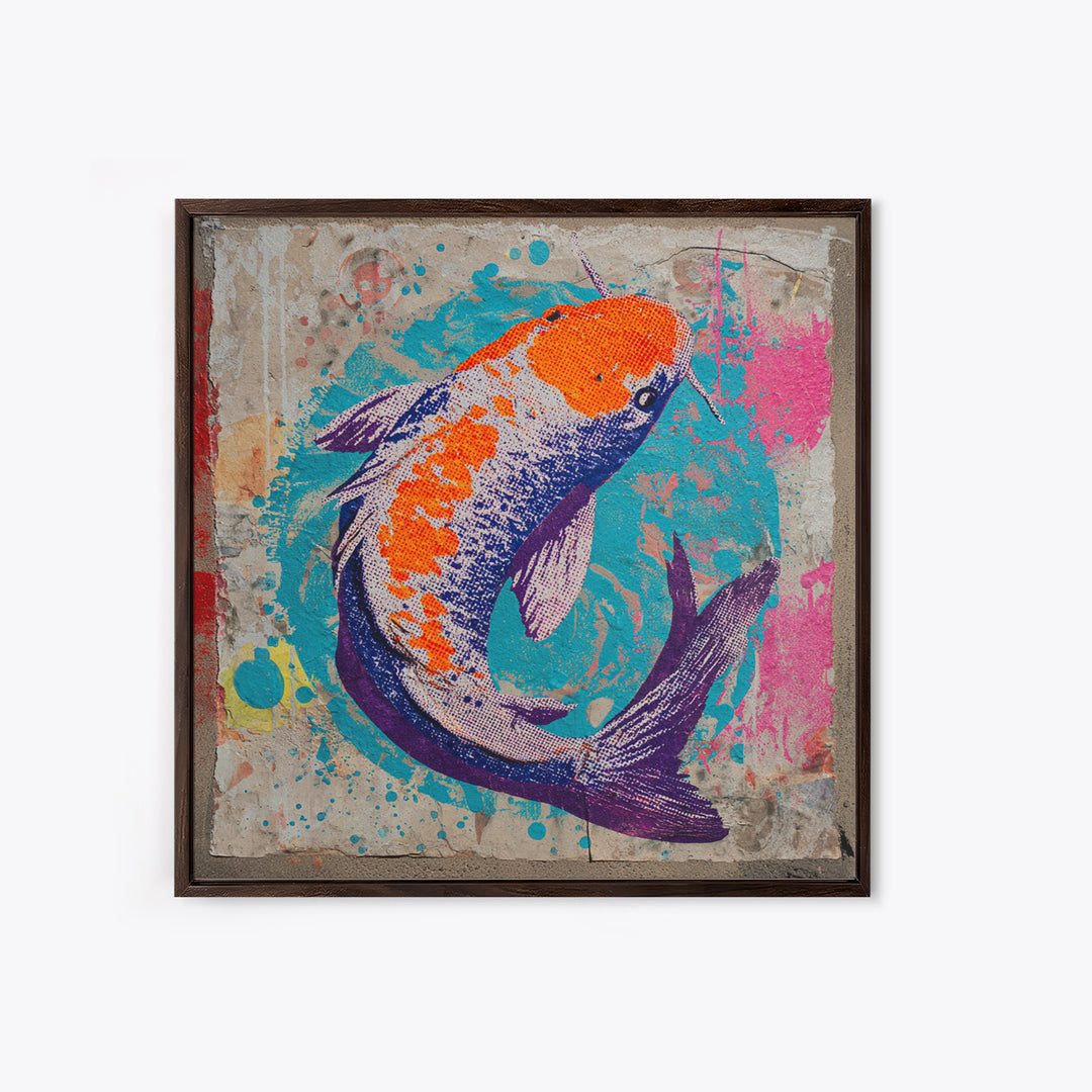 Spray Painted Koi Fish on Brick Texture Framed Canvas Print, Graffiti Art, Canvas Wall Art, Living Room Decor, Watercolor Art, GRF-1x1-16