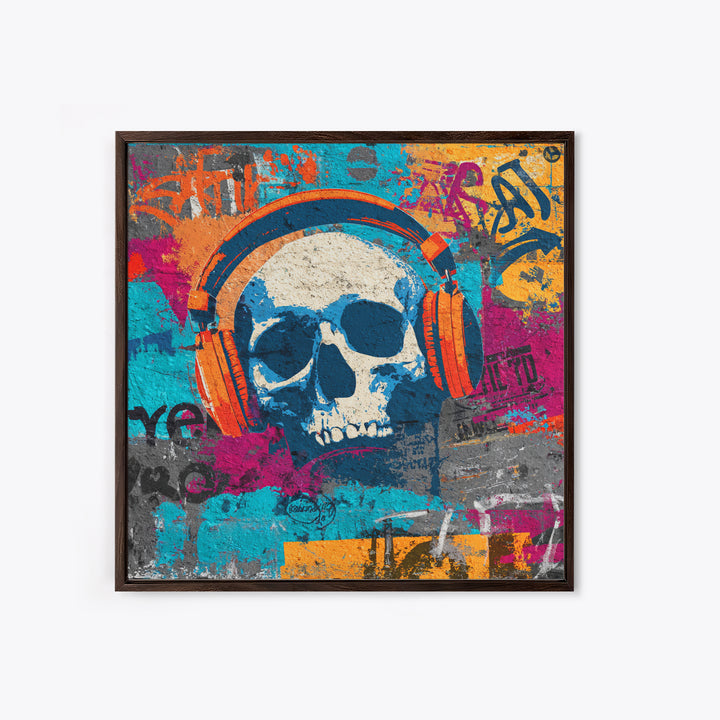 Skull and Headphones Mural Composition Framed Canvas Print, Graffiti Art, Abstract Art, Living Room Decor, Fine Art, Street, GRF-1x1-47