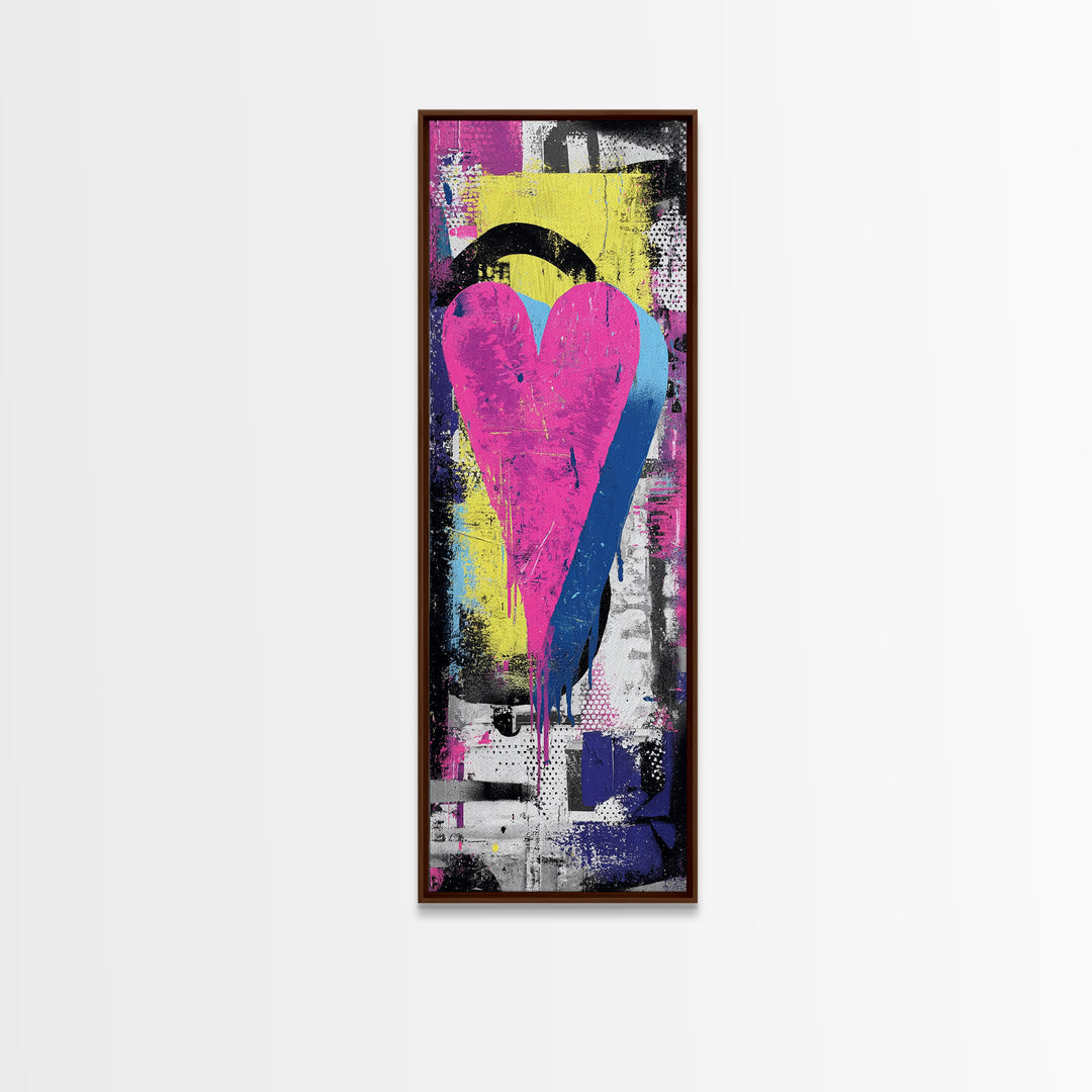 Neon Heart Painted on Cracked Concrete Texture Canvas Print, Graffiti Art, Luxury Decor, Living Room Decor, Street, GRF-1x3-66