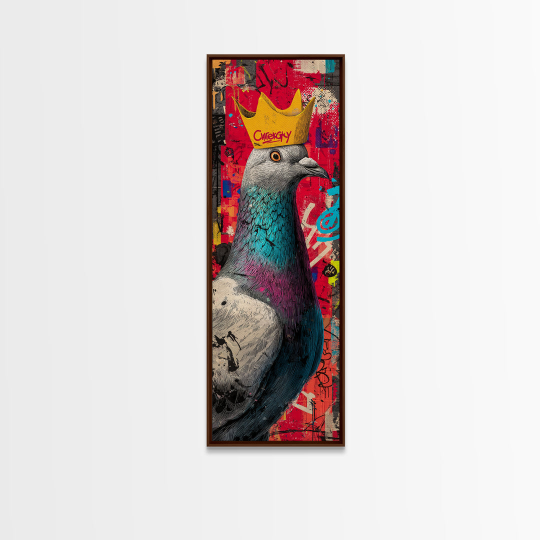 City Pigeon with Crown in Street Art Framed Canvas Print, Graffiti Art, Gallery Decor, Living Room Decor, Fine Art, Street, GRF-1x3-71