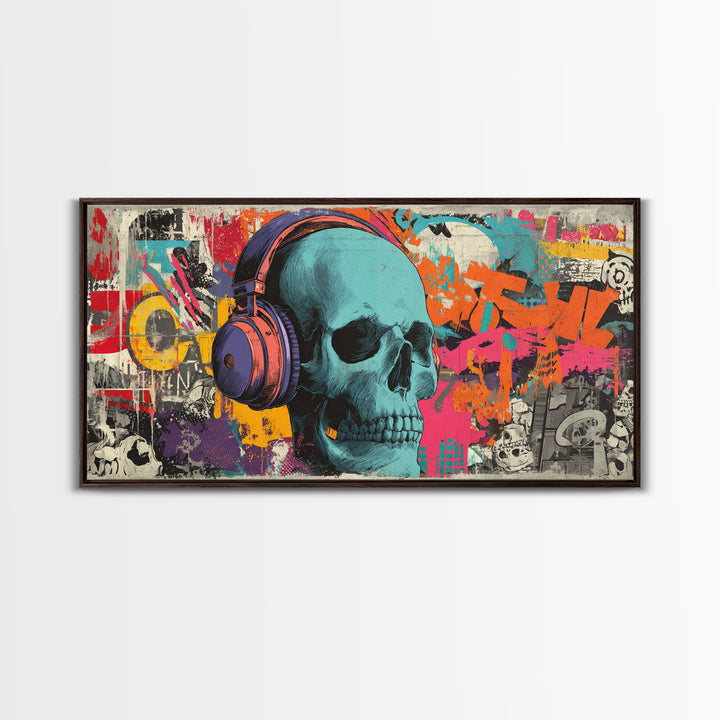 Skull and Headphones Mural Composition Framed Canvas Print, Graffiti Art, Graffiti, Living Room Decor, Fine Art, Street, GRF-2x1-19