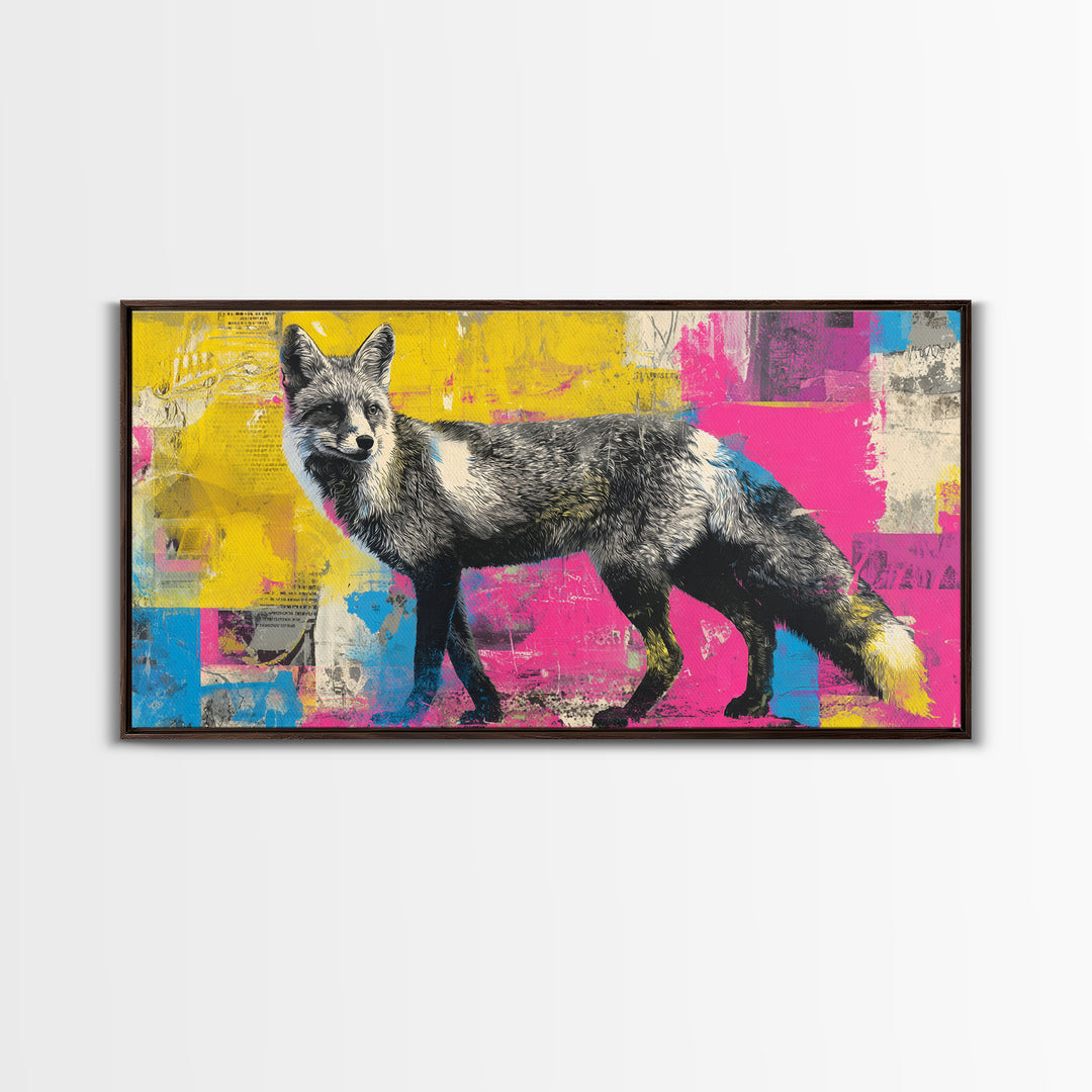 Urban Fox with Layered Sticker Collage Framed Canvas Print, Graffiti Art, Painting, Living Room Decor, Fine Art, Street, GRF-2x1-37
