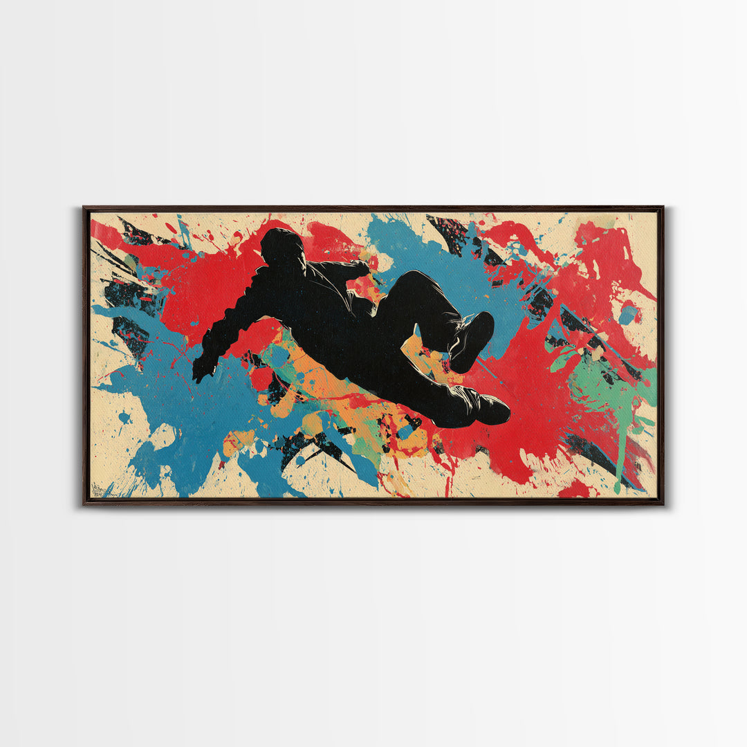 Breakdancer Silhouette over Bright Paint Splashes Framed Canvas Print, Graffiti Art, Poster, Living Room Decor, Street, GRF-2x1-46