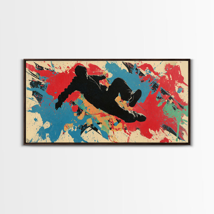 Breakdancer Silhouette over Bright Paint Splashes Framed Canvas Print, Graffiti Art, Poster, Living Room Decor, Street, GRF-2x1-46