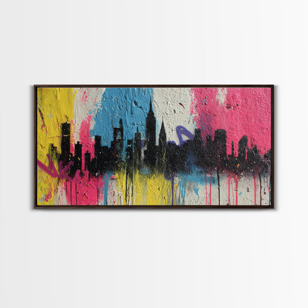 Paint Drips Forming a Skyline Silhouette Framed Canvas Print, Graffiti Art, Wall Decor, Living Room Decor, Abstract Art, Street, GRF-2x1-9