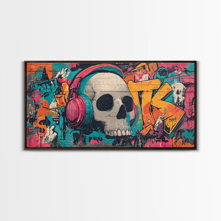Skull and Headphones Mural Composition Framed Canvas Print, Graffiti Art, Mid Century Modern, Living Room Decor, Street, GRF-2x1-91