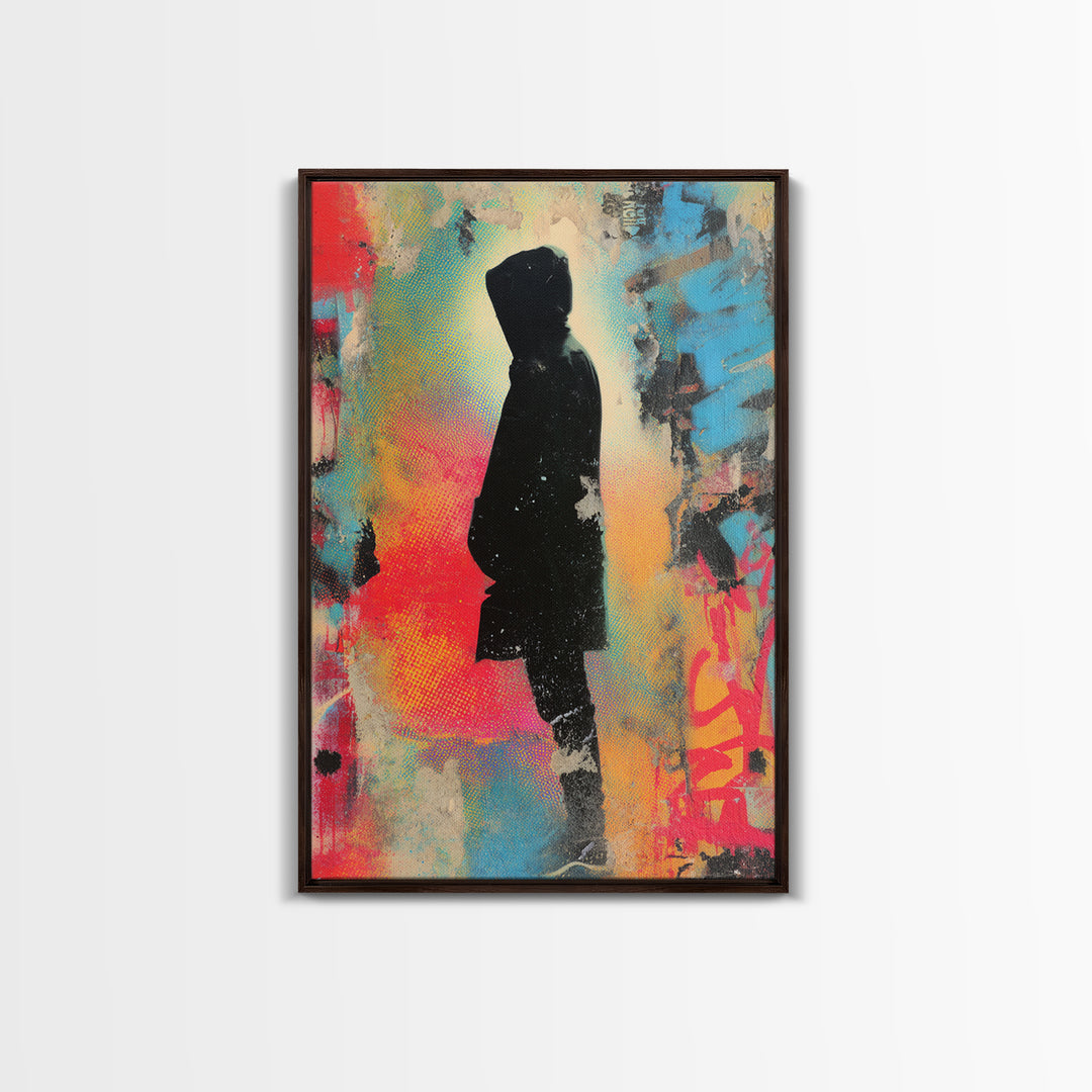 Masked Street Artist Silhouette Framed Canvas Print, Graffiti Art, Minimalist Decor, Living Room Decor, Fine Art, Street, GRF-2x3-30