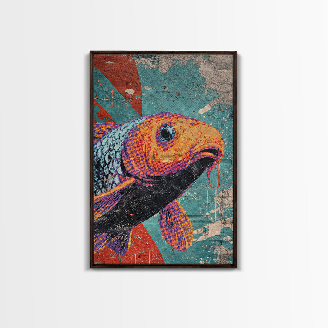 Spray Painted Koi Fish on Brick Texture Framed Canvas Print, Graffiti Art, Living Room Decor, Watercolor Art, Street, GRF-2x3-48
