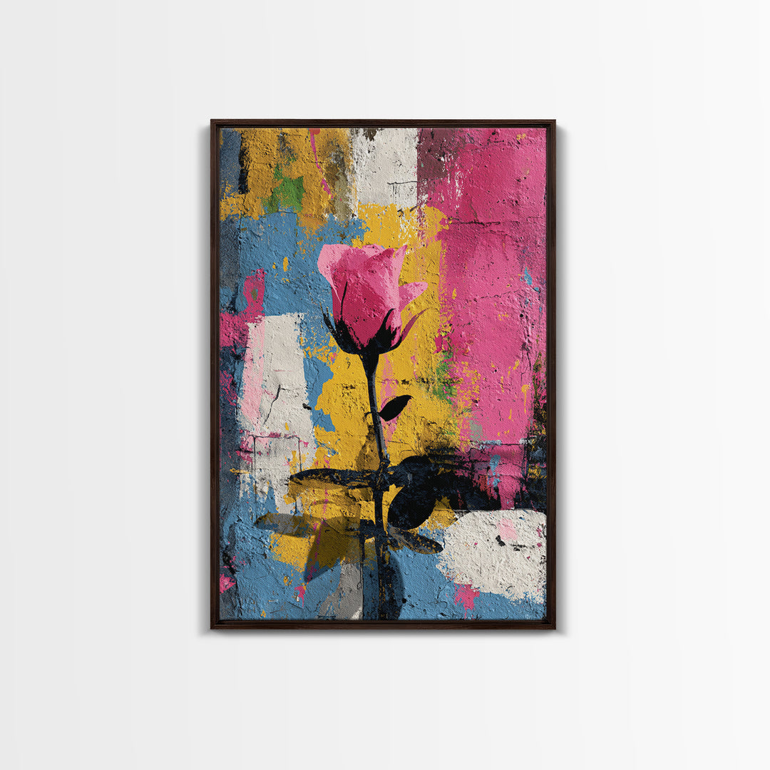 Graffiti Rose Blooming from Concrete Crack Framed Canvas Print, Graffiti Art, Original Art, Living Room Decor, Oil Painting, GRF-2x3-53