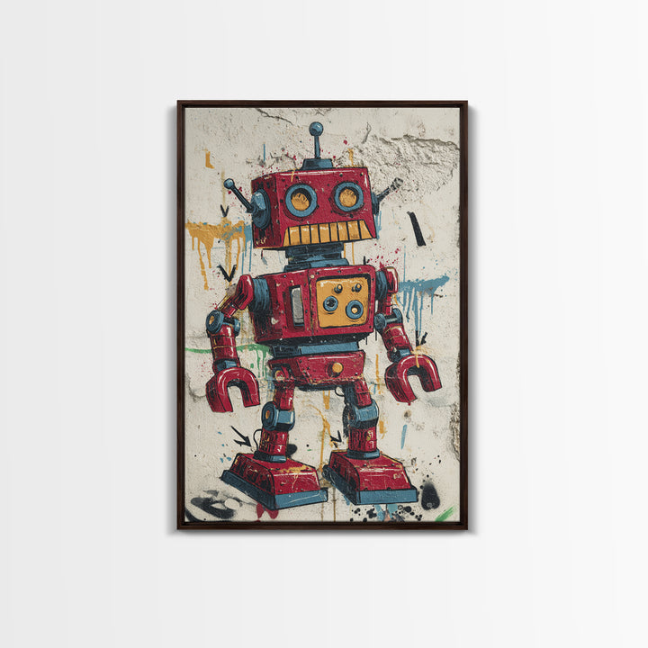 Cartoon Robot Character Framed Canvas Print, Graffiti Art, Large Wall Art, Living Room Decor, Fine Art, Street, Modern Wall Art, GRF-2x3-90