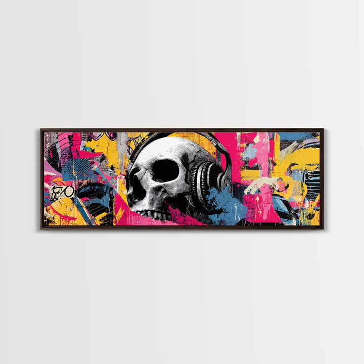 Skull and Headphones Mural Composition Framed Canvas Print, Graffiti Art, Gallery Decor, Living Room Decor, Fine Art, Street, GRF-3x1-15