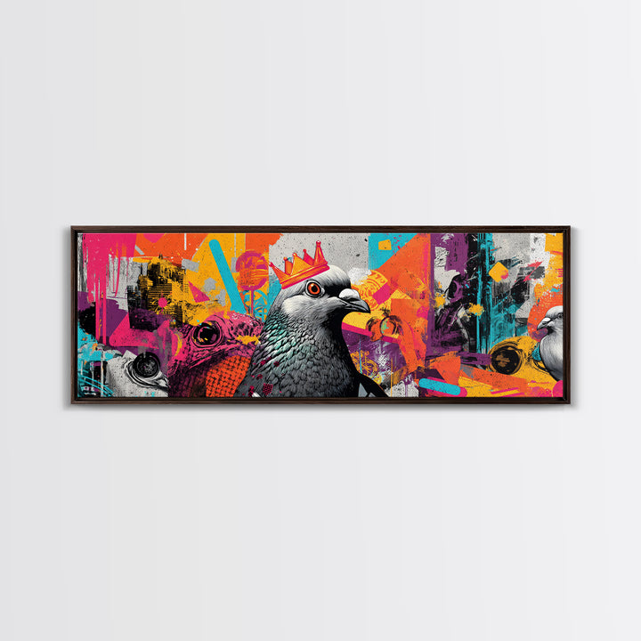 City Pigeon with Crown in Street Art Framed Canvas Print, Graffiti Art, Wall Hangings, Living Room Decor, Fine Art, Street, GRF-3x1-51