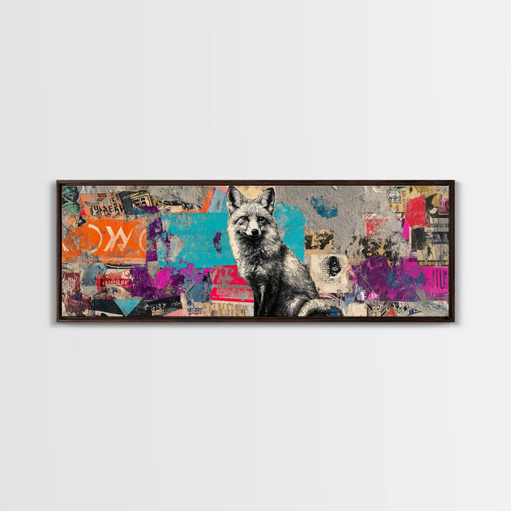 Urban Fox with Layered Sticker Collage Framed Canvas Print, Graffiti Art, Graffiti, Living Room Decor, Fine Art, Street, GRF-3x1-57