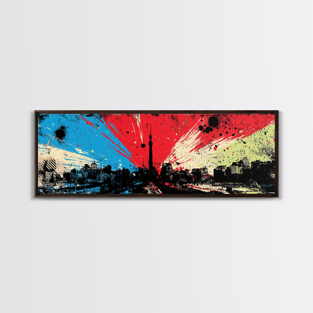 Paint Drips Forming a Skyline Silhouette Framed Canvas Print, Graffiti Art, Boho Wall Decor, Living Room Decor, Street, GRF-3x1-77