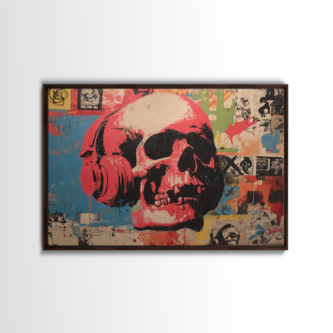 Skull and Headphones Mural Composition Framed Canvas Print, Graffiti Art, Gallery Decor, Living Room Decor, Fine Art, Street, GRF-3x2-27