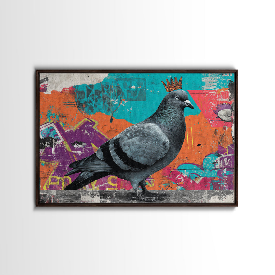 City Pigeon with Crown in Street Art Framed Canvas Print, Graffiti Art, Contemporary Art, Living Room Decor, Fine Art, Street, GRF-3x2-39