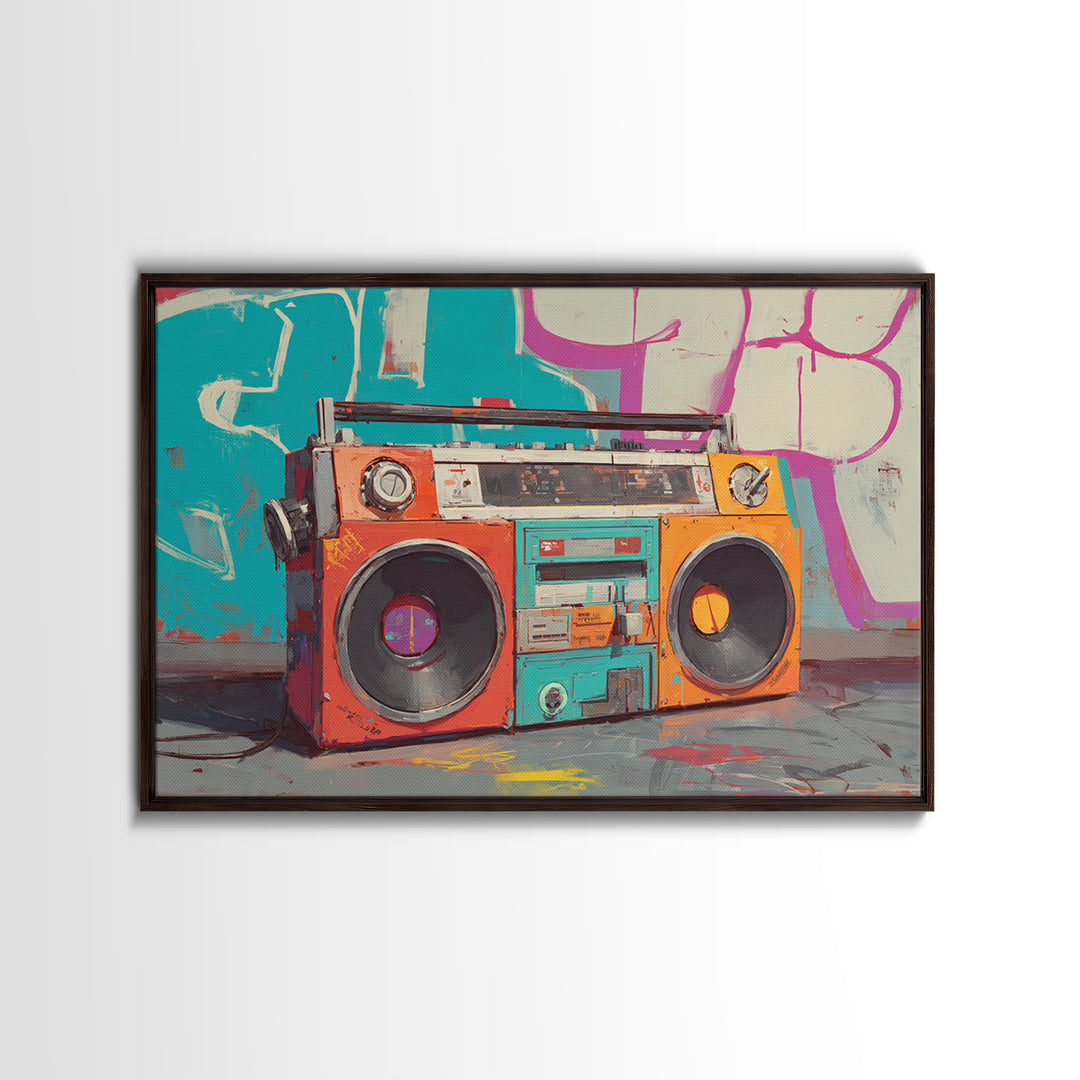 Boombox and Cassette Tape Canvas Print, Graffiti Art, Framed Art, Living Room Decor, Fine Art, Street, Neutral Decor, GRF-3x2-42