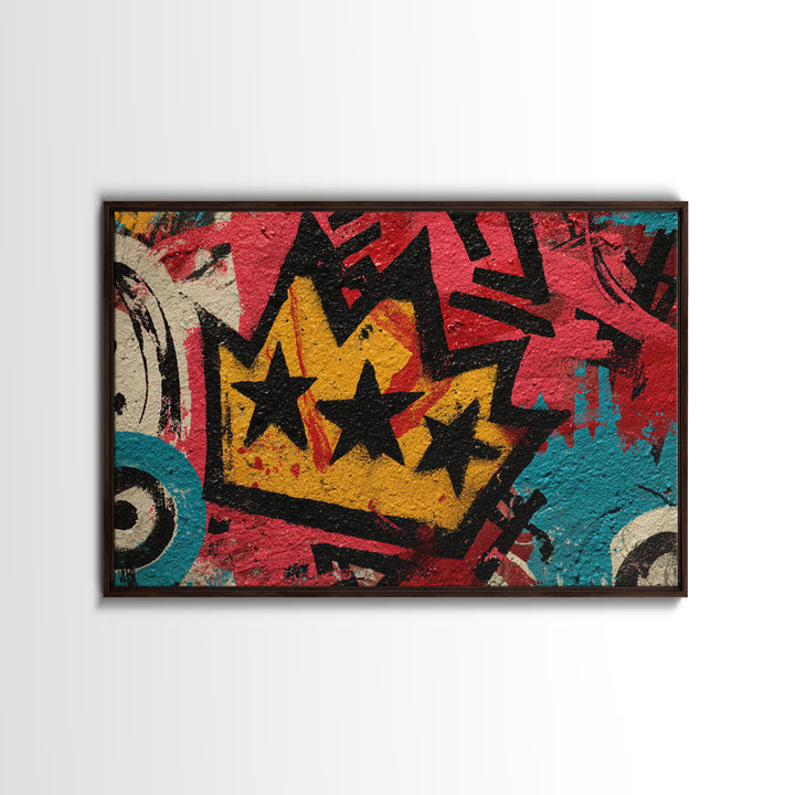 Abstract Crown and Stars Framed Canvas Print, Graffiti Art, Above Bed Decor, Living Room Decor, Abstract Art, Street, GRF-3x2-71