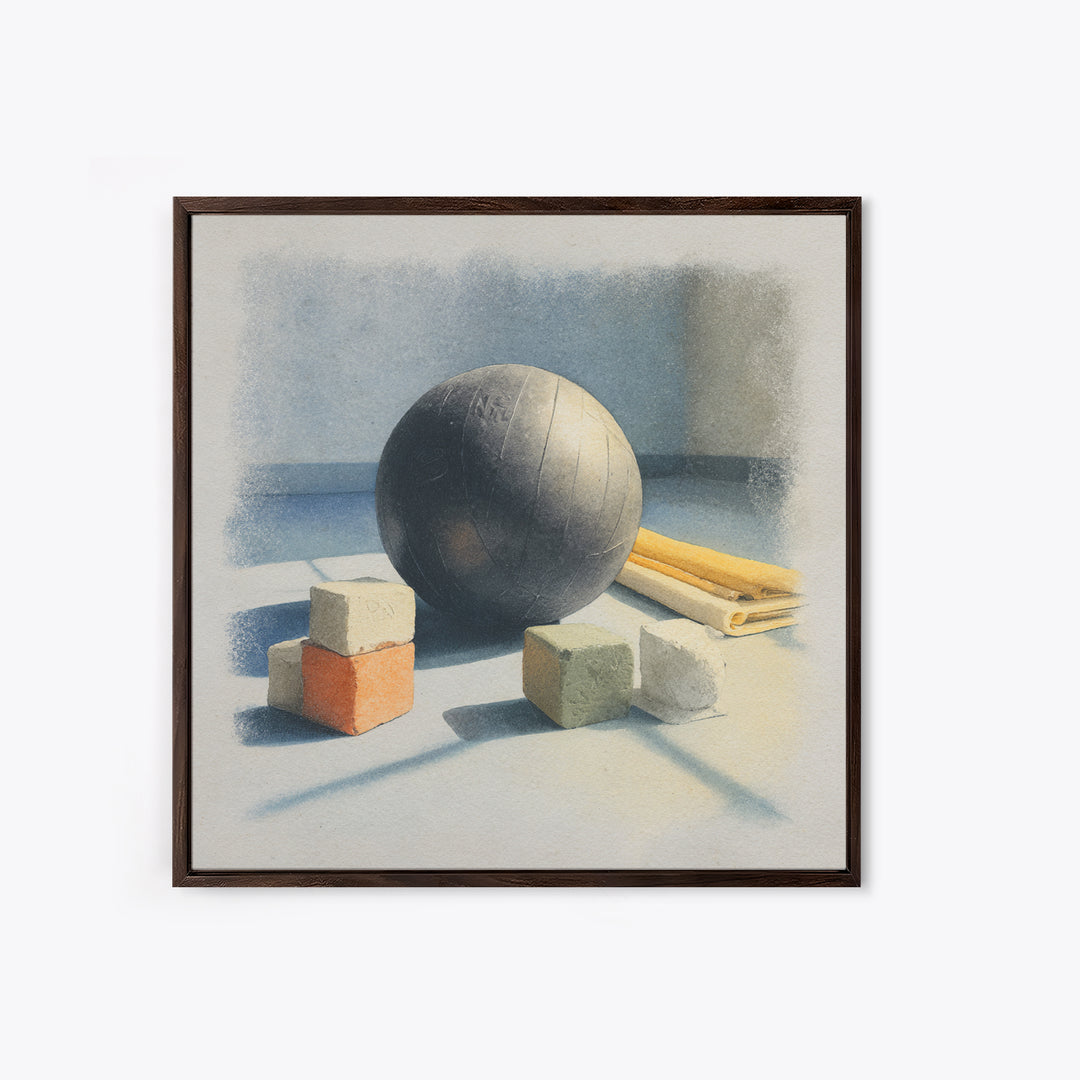 Medicine Ball and Chalk Still Life Framed Canvas Print, Gym Art, Wall Decoration, Gym Decor, Fine Art, Strength, Speakeasy Art, GYM-1x1-47