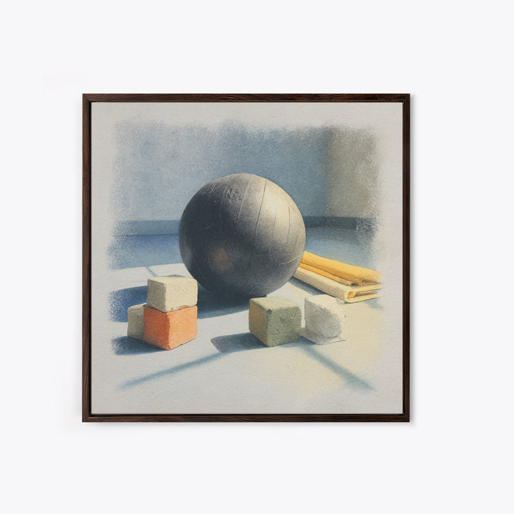 Medicine Ball and Chalk Still Life Framed Canvas Print, Gym Art, Wall Decoration, Gym Decor, Fine Art, Strength, Speakeasy Art, GYM-1x1-47