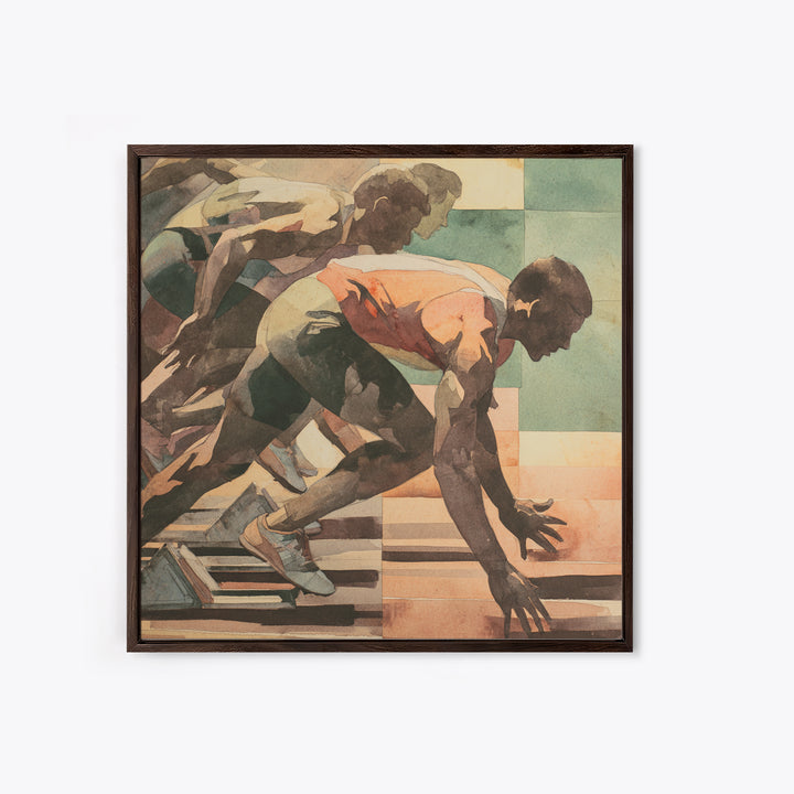 Sprinter Exploding from Starting Blocks Framed Canvas Print, Gym Art, Speakeasy Art, Gym Decor, Oil Painting, Strength, GYM-1x1-51