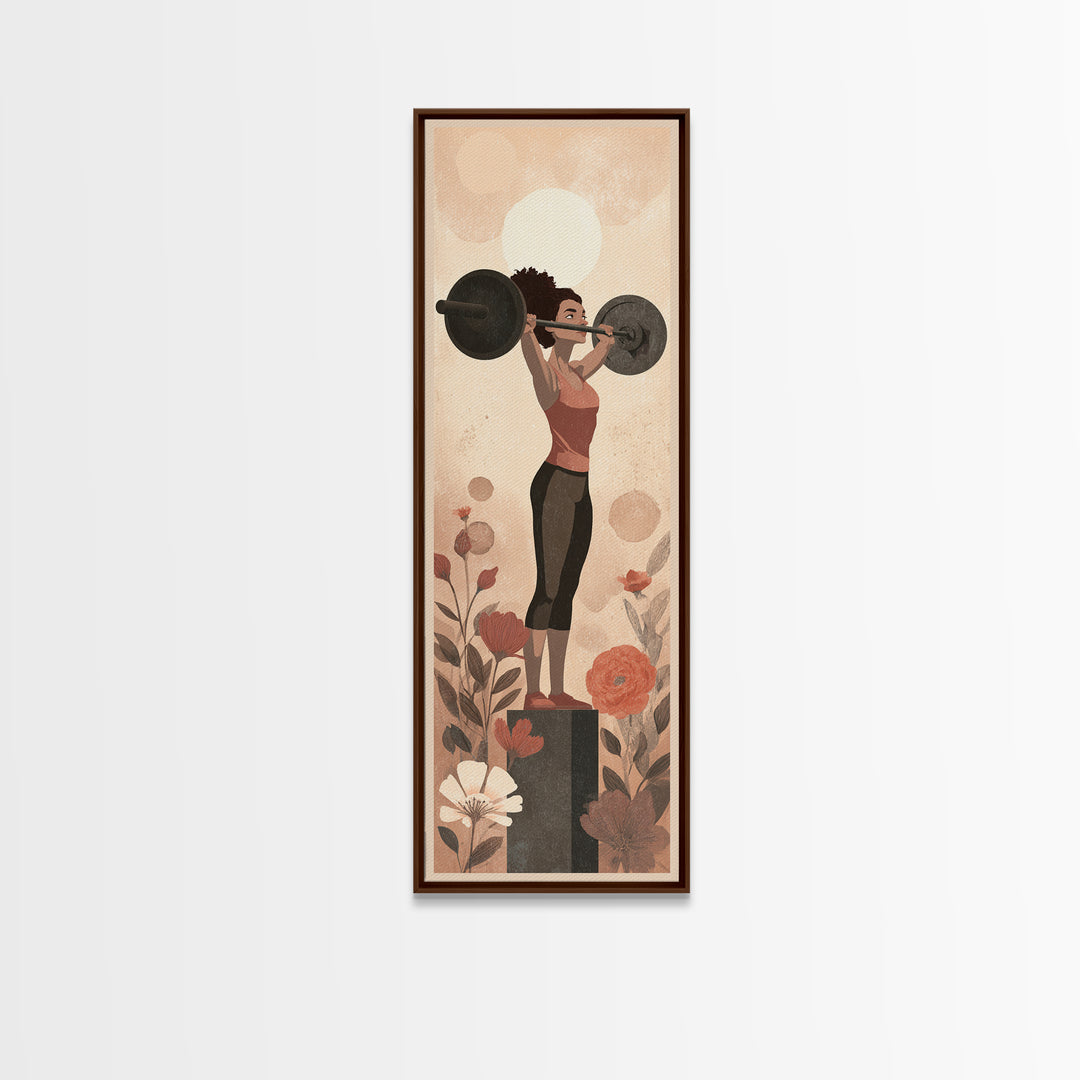 Female Weightlifter with Triumphant Stance Canvas Print, Gym Art, Home Gym Sign, Gym Decor, Watercolor Art, Strength, GYM-1x3-67