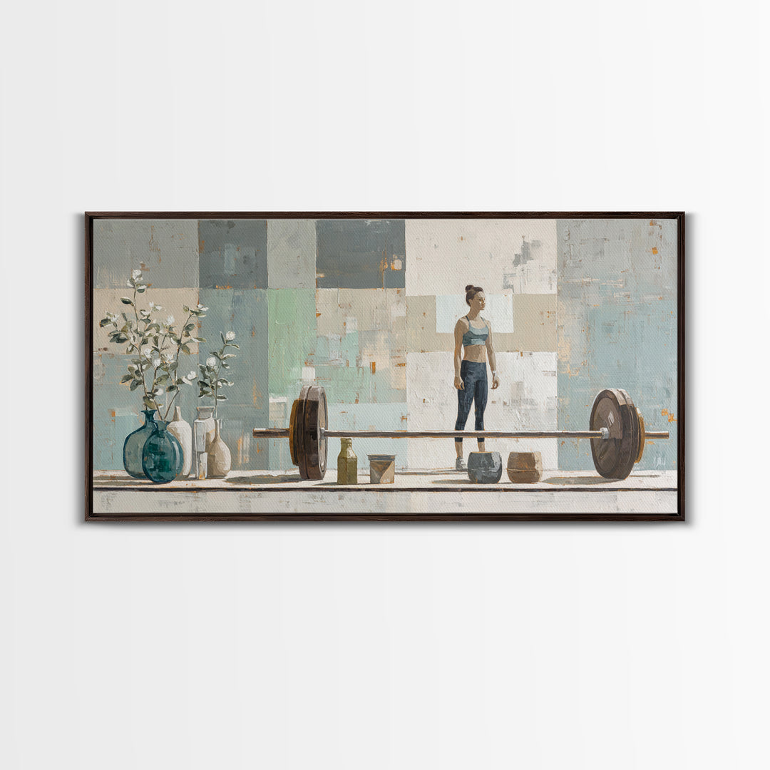 Female Weightlifter with Triumphant Stance Framed Canvas Print, Gym Art, Boho Decor, Gym Decor, Oil Painting, Strength, GYM-2x1-27