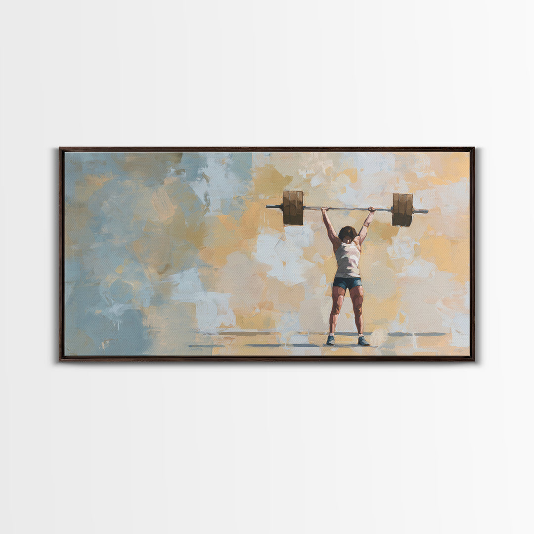 Female Weightlifter with Triumphant Stance Framed Canvas Print, Gym Art, Man Cave Decor, Gym Decor, Fine Art, Strength, GYM-2x1-3