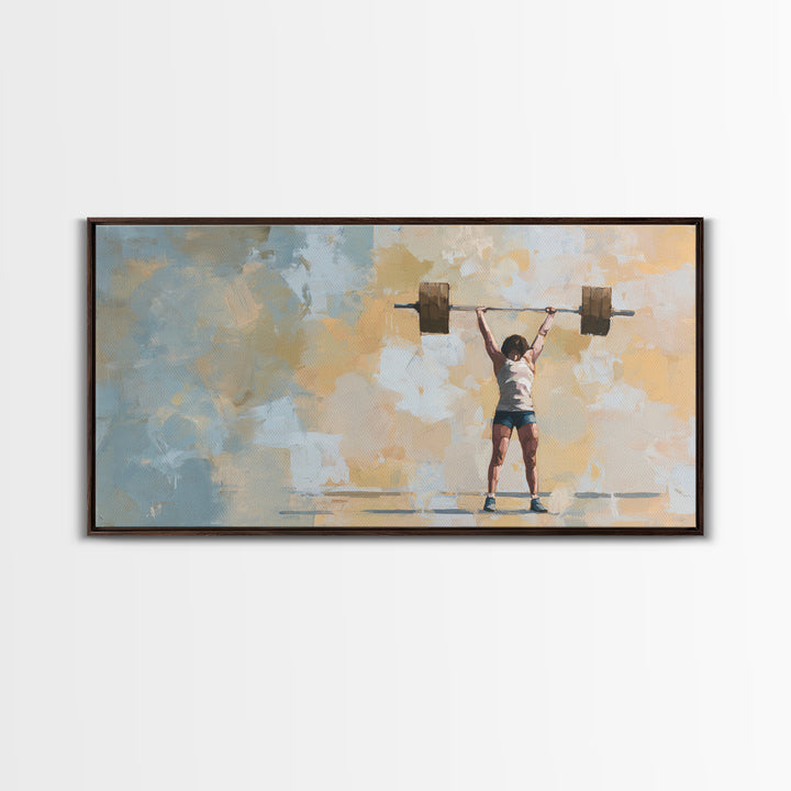 Female Weightlifter with Triumphant Stance Framed Canvas Print, Gym Art, Man Cave Decor, Gym Decor, Fine Art, Strength, GYM-2x1-3