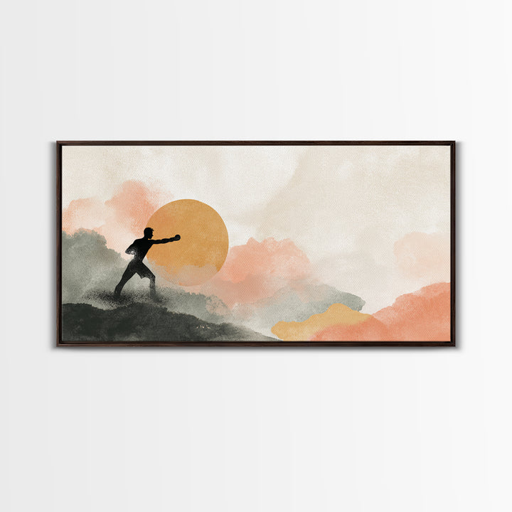 Powerful Boxer Silhouette Framed Canvas Print, Gym Art, Man Cave Decor, Gym Decor, Fine Art, Strength, Home Gym Decor, GYM-2x1-45
