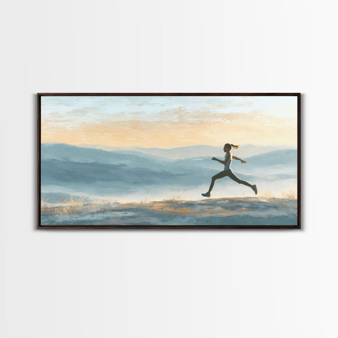 Runner on Mountain Ridge at Sunrise Framed Canvas Print, Gym Art, Canvas Wall Art, Gym Decor, Watercolor Art, Strength, GYM-2x1-56