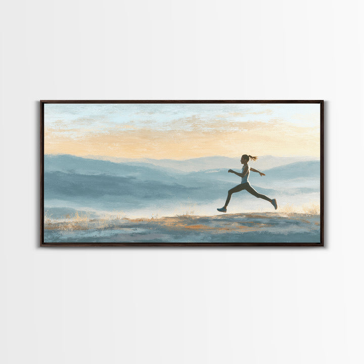 Runner on Mountain Ridge at Sunrise Framed Canvas Print, Gym Art, Canvas Wall Art, Gym Decor, Watercolor Art, Strength, GYM-2x1-56