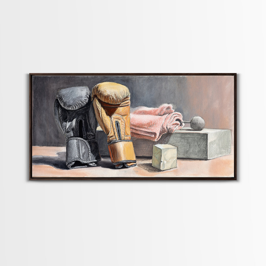 Boxing Glove and Towel Still Life Framed Canvas Print, Gym Art, Living Room Decor, Gym Decor, Oil Painting, Strength, GYM-2x1-60