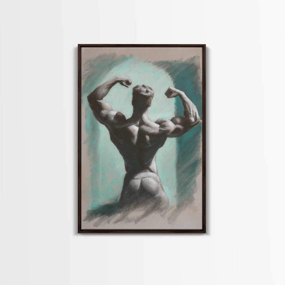 Bodybuilder Pose Rendered Framed Canvas Print, Gym Art, Living Room Decor, Gym Decor, Oil Painting, Strength, Sports Poster, GYM-2x3-12