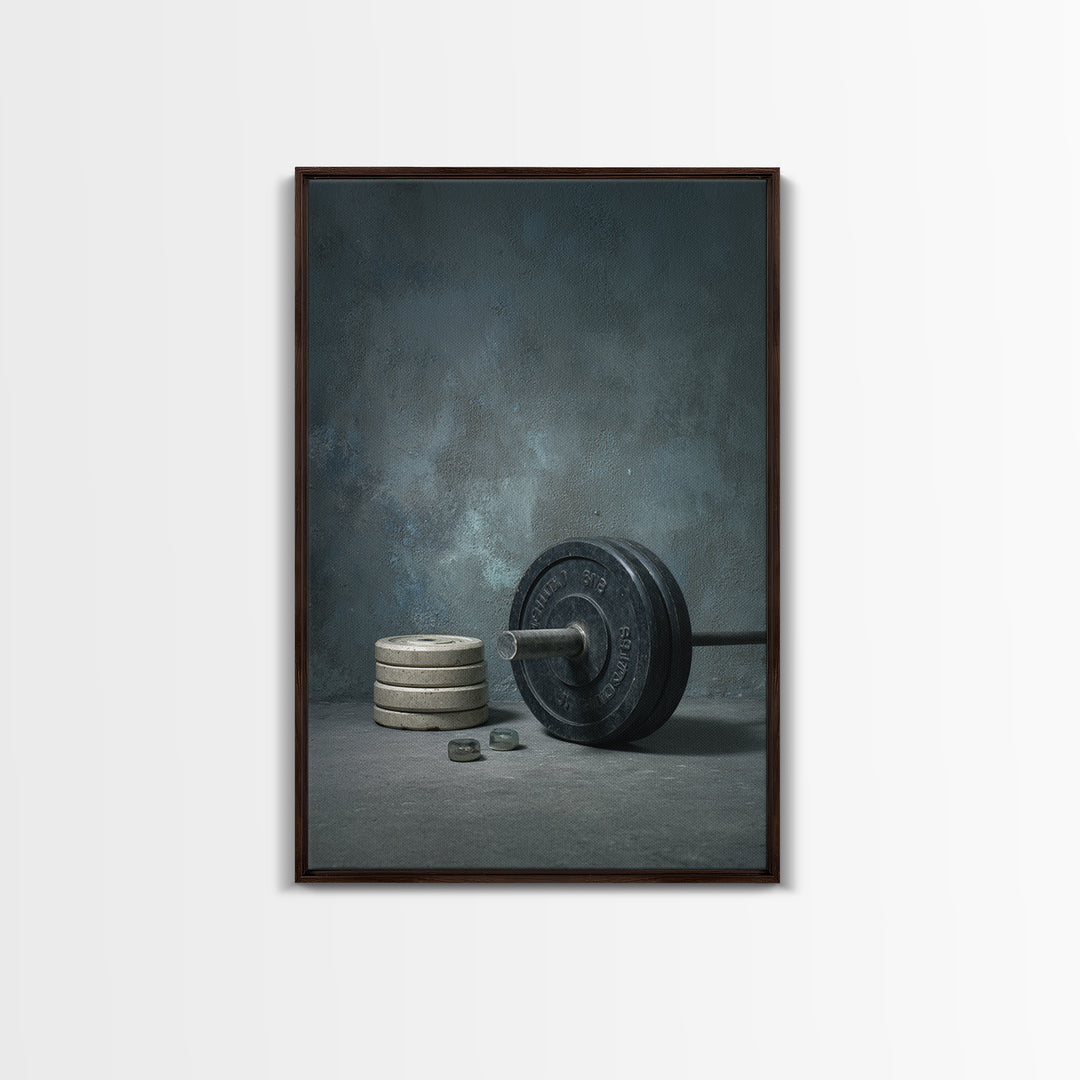 Barbell and Plates Framed Canvas Print, Gym Art, Printable Wall Art, Gym Decor, Fine Art, Strength, Sports Decor, Cool Posters, GYM-2x3-34