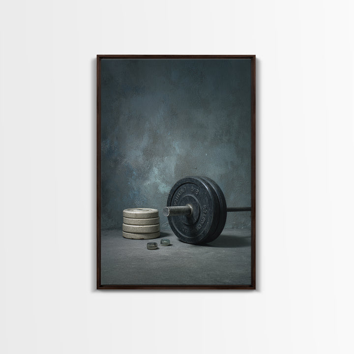 Barbell and Plates Framed Canvas Print, Gym Art, Printable Wall Art, Gym Decor, Fine Art, Strength, Sports Decor, Cool Posters, GYM-2x3-34