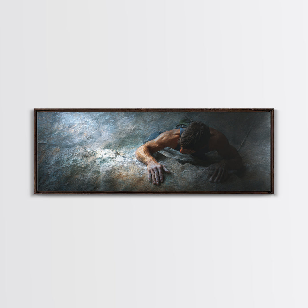 Rock Climber Reaching a Glowing Hold Framed Canvas Print, Gym Art, Bar Art, Gym Decor, Strength, Gym Sign, Motivational Art, GYM-3x1-2