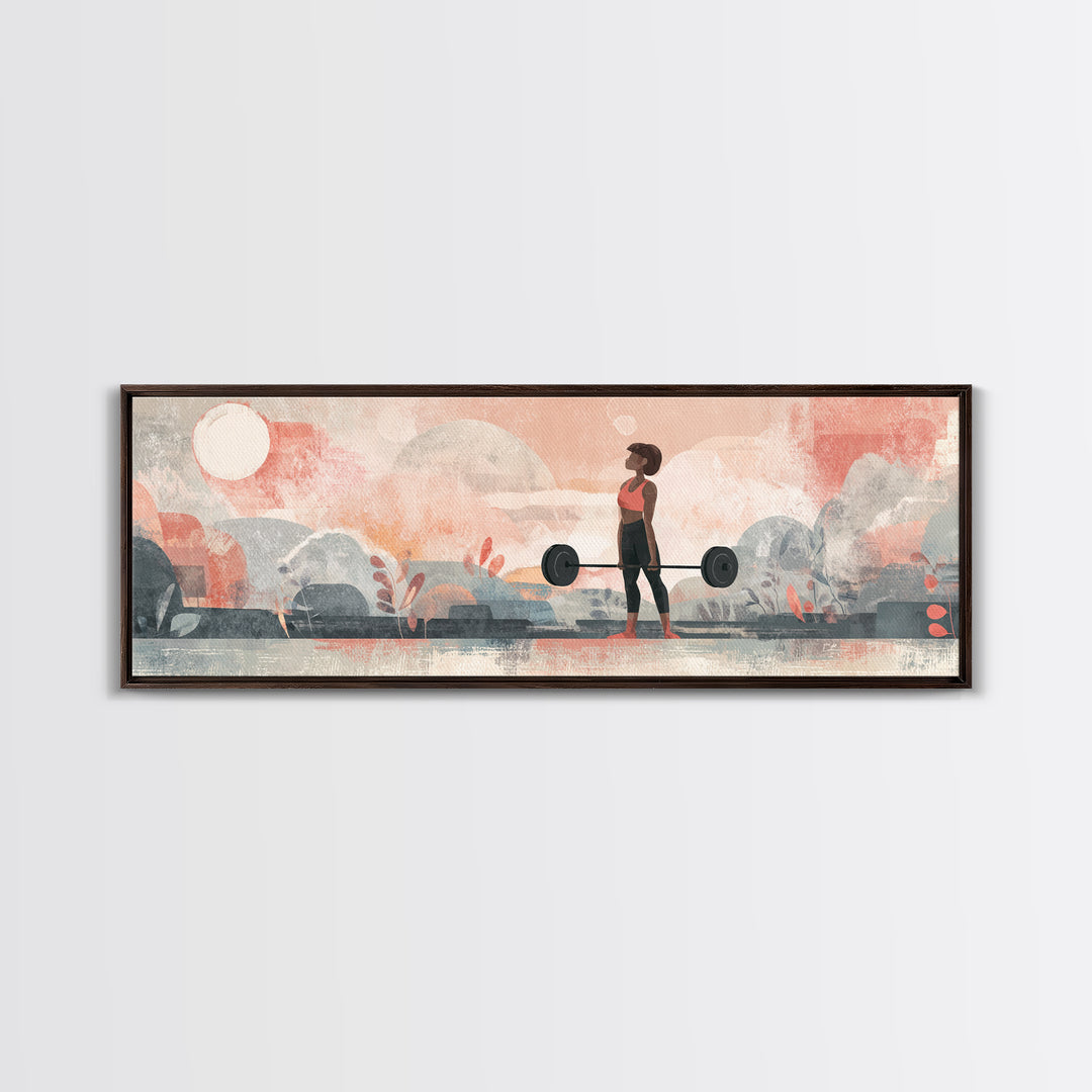 Female Weightlifter with Triumphant Stance Framed Canvas Print, Gym Art, Art Print, Gym Decor, Strength, Abstract Wall Art, GYM-3x1-23