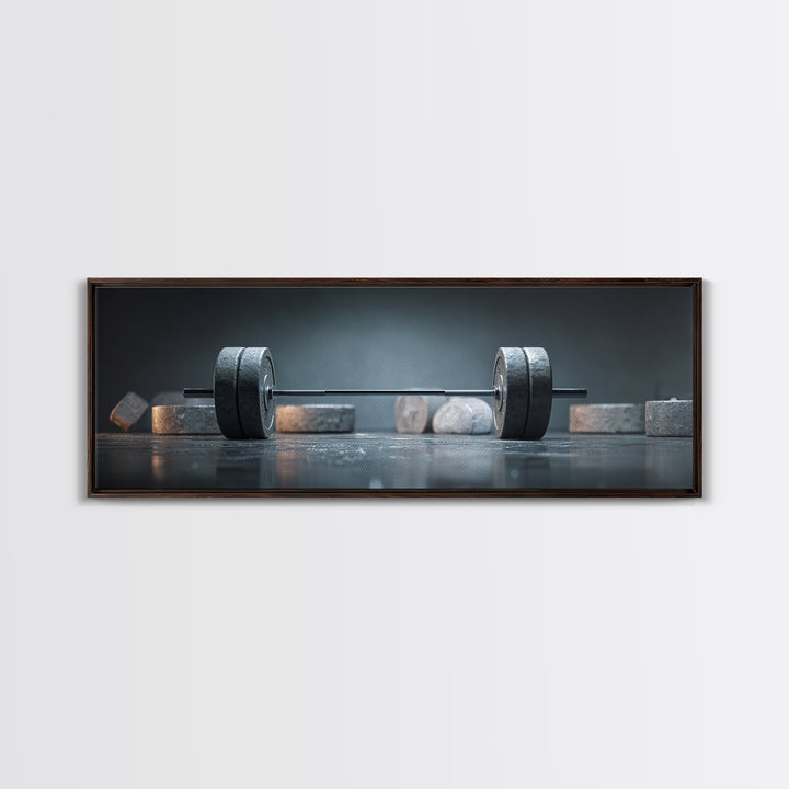 Barbell and Plates Framed Canvas Print, Gym Art, Gym Decor, Fine Art, Strength, Luxury Decor, Art Print, Room Decor, GYM-3x1-90