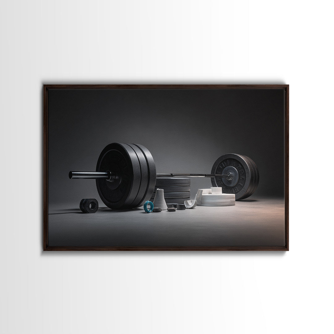 Barbell and Plates Framed Canvas Print, Gym Art, Wall Decoration, Gym Decor, Fine Art, Strength, Speakeasy Art, Home Gym Sign, GYM-3x2-6