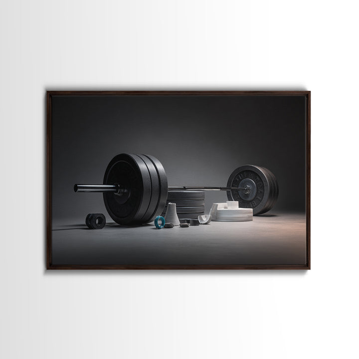 Barbell and Plates Framed Canvas Print, Gym Art, Wall Decoration, Gym Decor, Fine Art, Strength, Speakeasy Art, Home Gym Sign, GYM-3x2-6