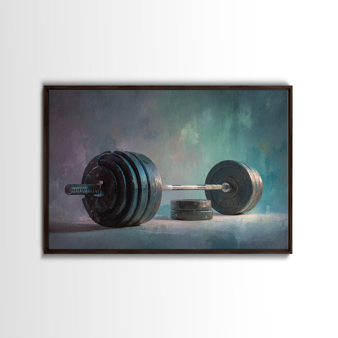Barbell and Plates Framed Canvas Print, Gym Art, Framed Canvas, Gym Decor, Fine Art, Strength, Textured Painting, GYM-3x2-78