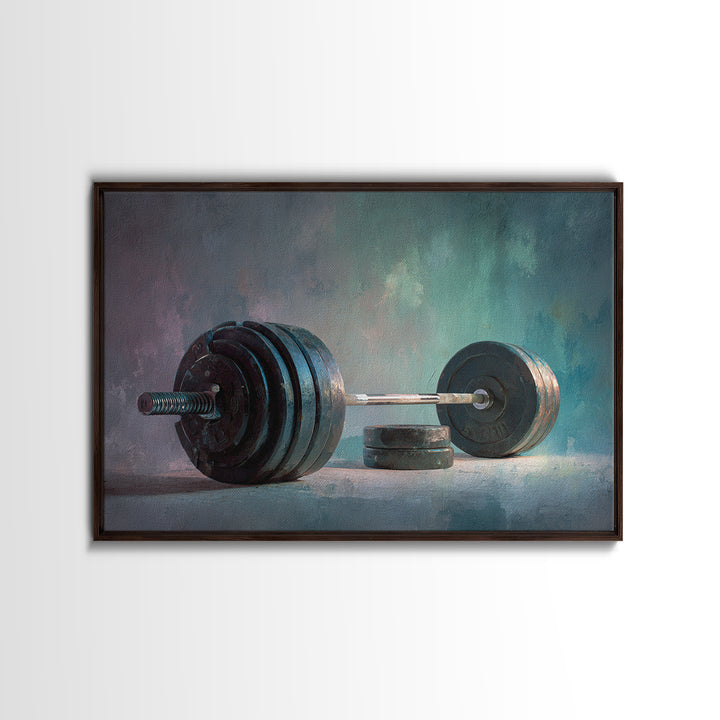 Barbell and Plates Framed Canvas Print, Gym Art, Framed Canvas, Gym Decor, Fine Art, Strength, Textured Painting, GYM-3x2-78