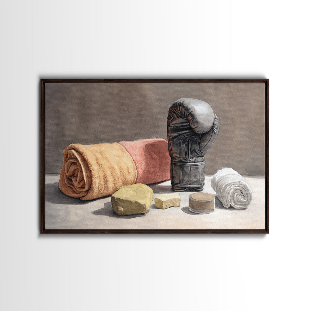 Boxing Glove and Towel Still Life Framed Canvas Print, Gym Art, Print, Gym Decor, Fine Art, Strength, Wall Decoration, GYM-3x2-92