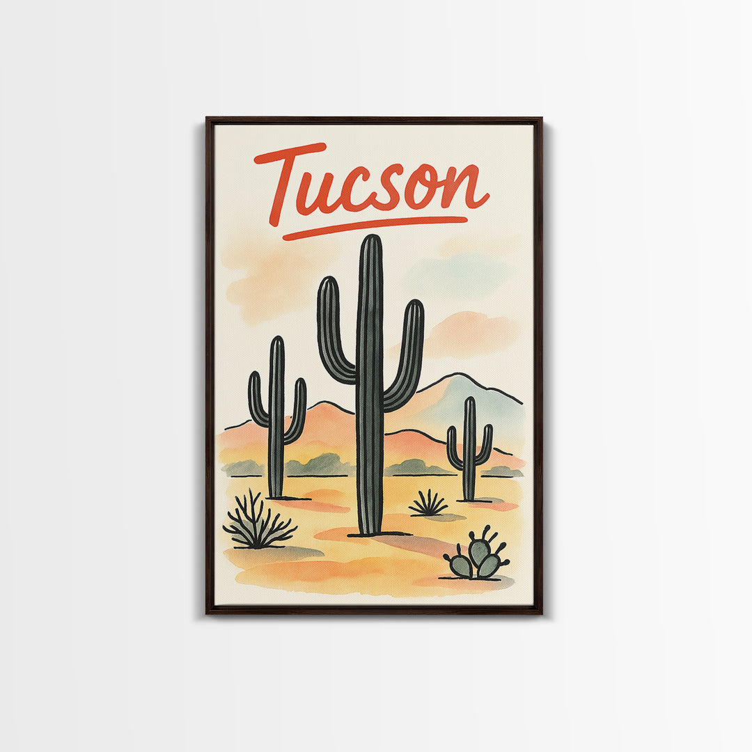 Tucson Travel Poster, Framed Canvas Print, Watercolor Urban Skyline Art, Tucson Travel Art, Gift For Travelers, City Travel Prints