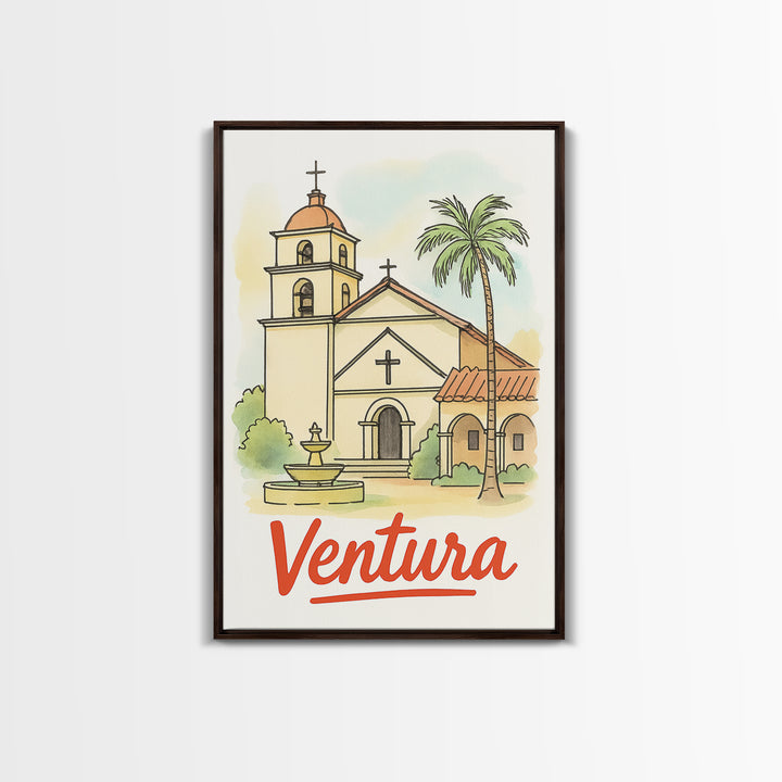 Ventura California Travel Poster, Framed Canvas Print, Illustrated City Wall Art, Ventura City Art, Travel Poster Art, Gift For Travelers