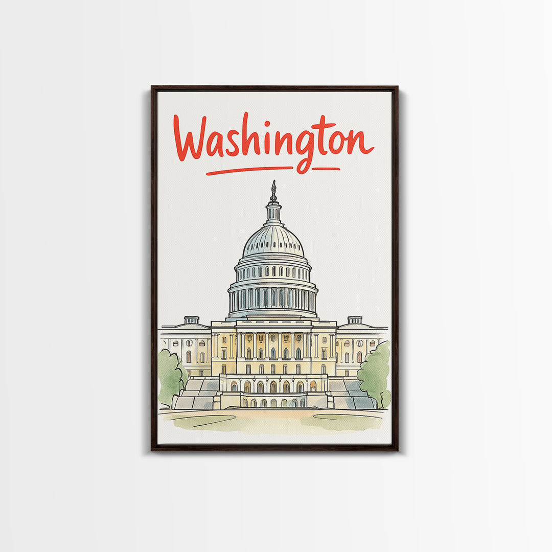 Washington Travel Poster, Framed Canvas Print, Soft Sketch Travel Art, Washington Poster Print, Travel Poster Art, City Illustration