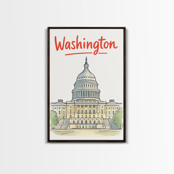 Washington Travel Poster, Framed Canvas Print, Soft Sketch Travel Art, Washington Poster Print, Travel Poster Art, City Illustration